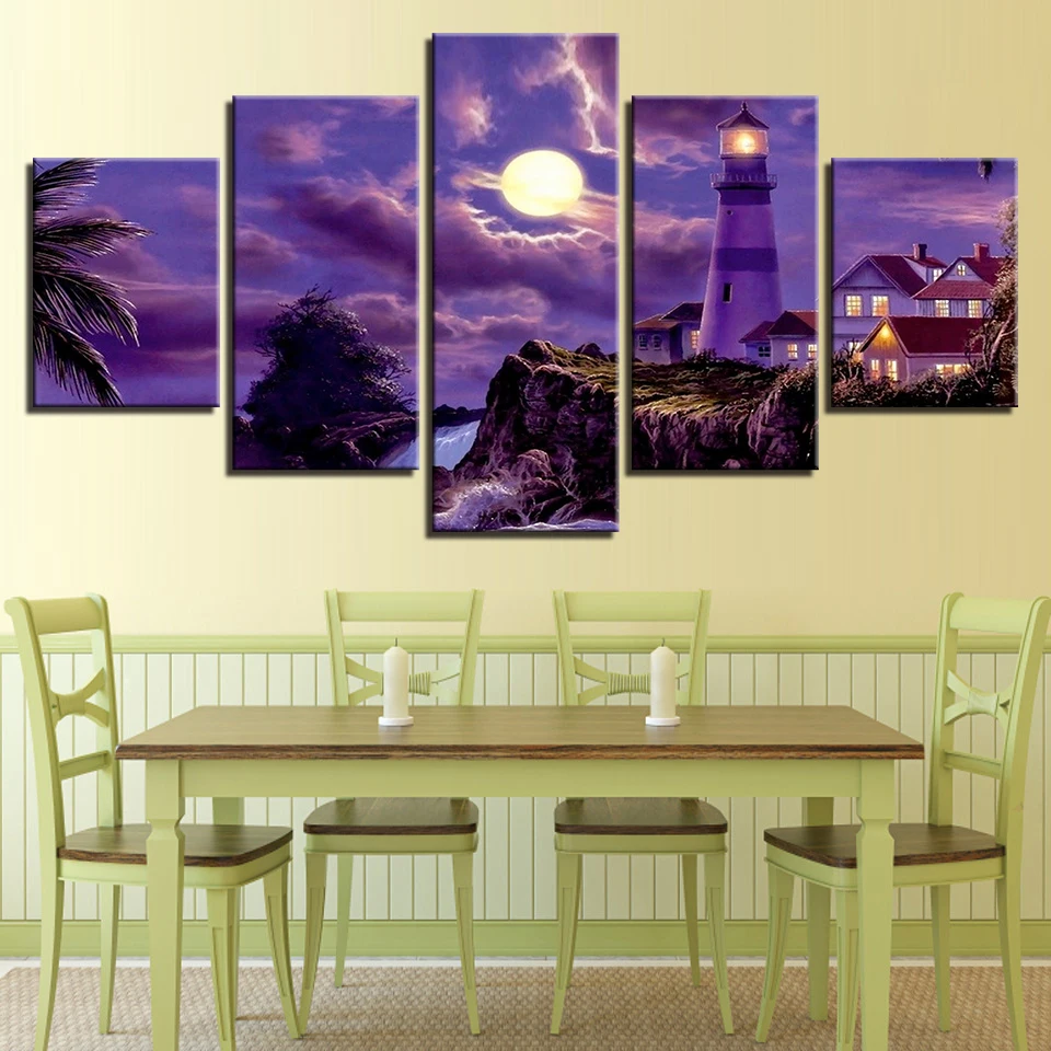 Canvas Prints Paintings Wall Art Pictures Living Room Decor 5 Piece Coastal Village House Lighthouse Moonlit Night Poster Framed | Дом и сад