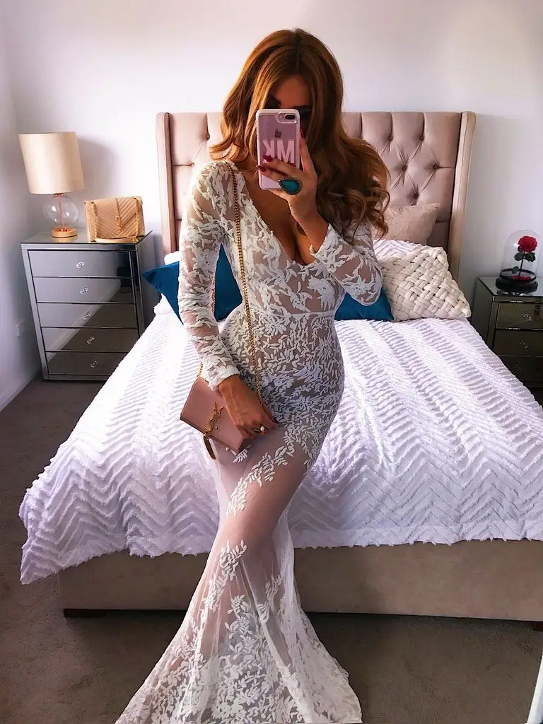 Women See Through Floral V Neck Lace Long Dress Sexy Evening Party Vestidos | Свадьбы и торжества