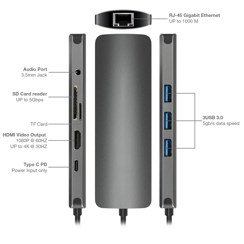USB C Hub 9 in1 Multi-Port Adapter Type with Type-C Charging Port 4K HDMI Output Gigabit Ethernet 3.5mm Audio |