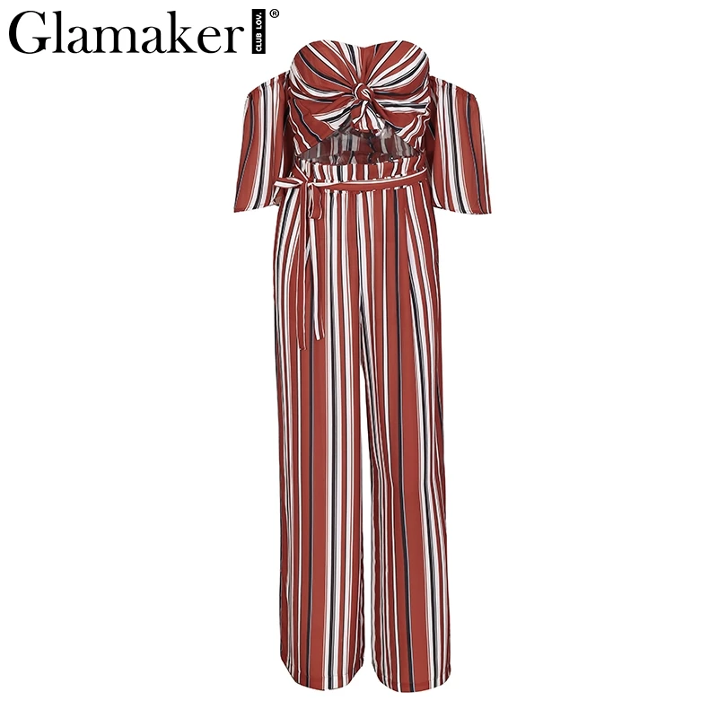 Reddish Brown Glamaker полосатый Женский комбинезон с открытыми плечами шифоновый Летний комбинезон боди из двух частей повседневный комбинезон и комбинезоны пляжные - Цвет: Reddish Brown