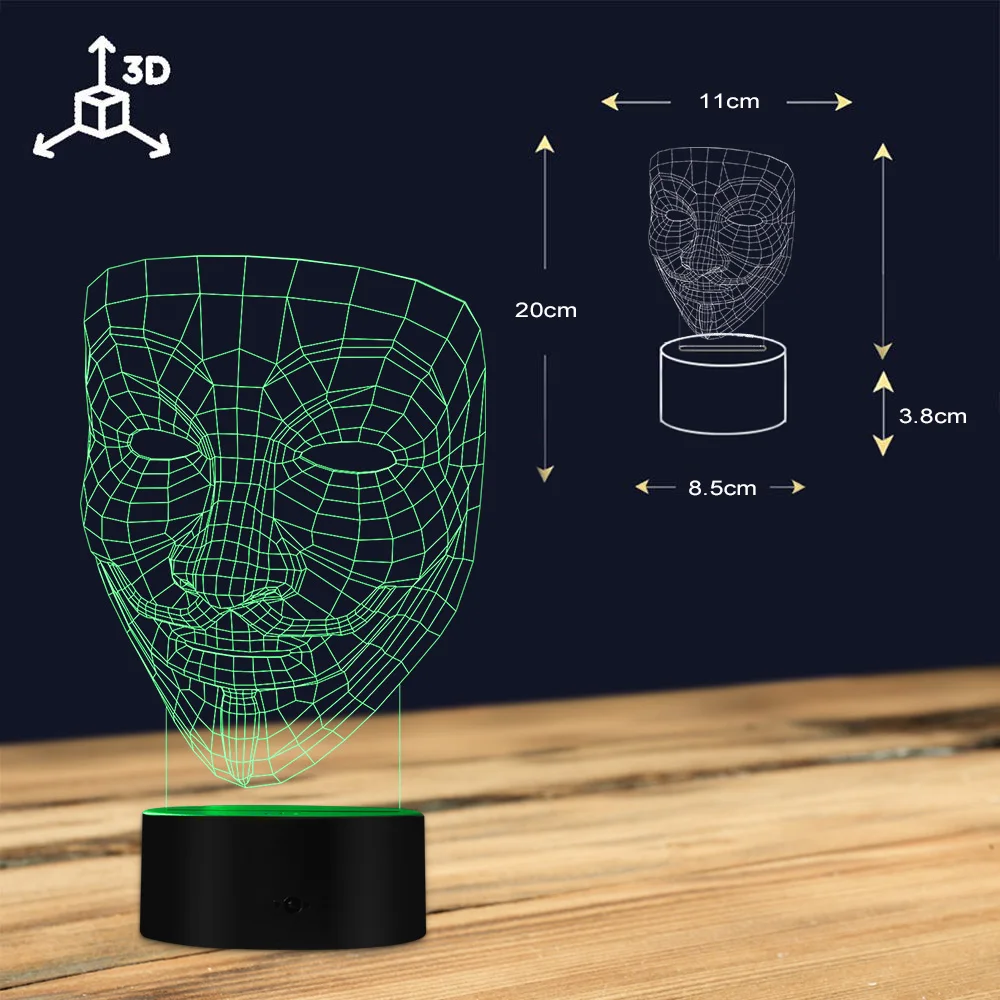V для вендетты 3D оптический иллюзионный ночной Светильник Disobey Anonymous Guy Fawkes маска вечерние декоративный светильник светящийся светодиодный Настольный светильник