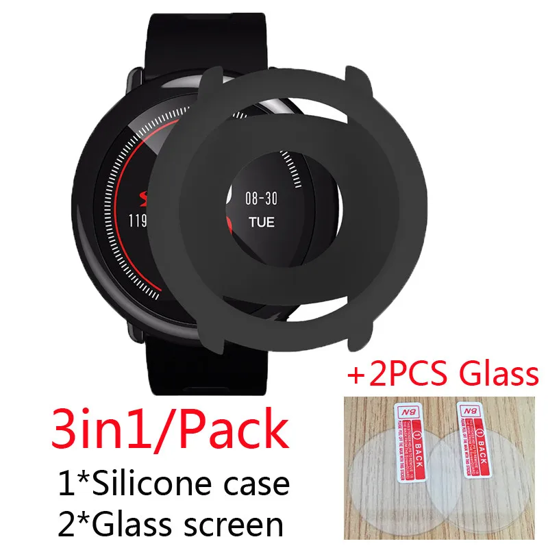 

3 в 1 упаковка, силиконовые чехлы для xiaomi huami amazfit, защита для экрана из стекла, Смарт-часы, чехол, мягкая оболочка, защитная рамка
