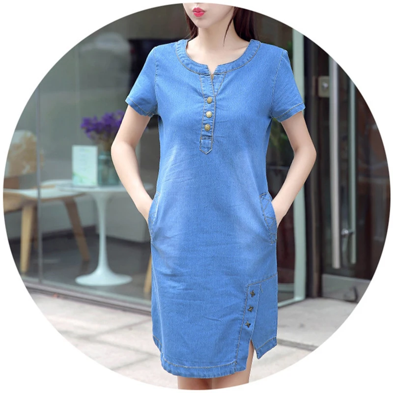 Summer Denim Dress Women 2019 New Fashion Round neck Short sleeve Jeans Dresses Plus size Female Loose A-Line N292 | Женская одежда
