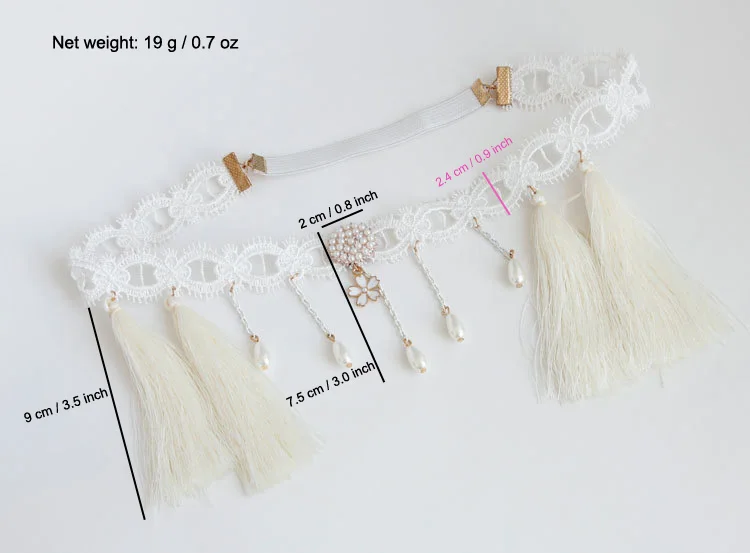 Женская повязка на голову белая кружевная лента с кисточками и жемчугом|crown