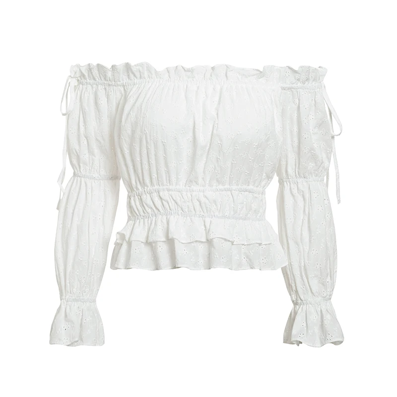 Белый Fargeous Sexy Off Shoulder Slash Neck Women Crop Tops and Blouse Casual Holiday White Embroidery Beach Shirt Female Short Blouse - Цвет: Белый