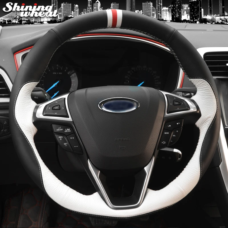 

Hand Sew White Black Leather Steering Wheel Cover for Ford Fusion Mondeo 2013 2014