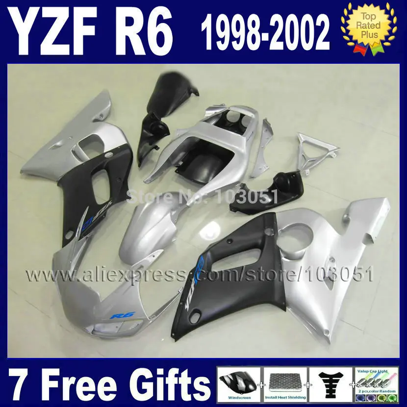 Заказной дорожный обтекатель для YAMAHA 1998 YZF R6 1999 2000 2001 2002 серебристый черный 98 99 00 01