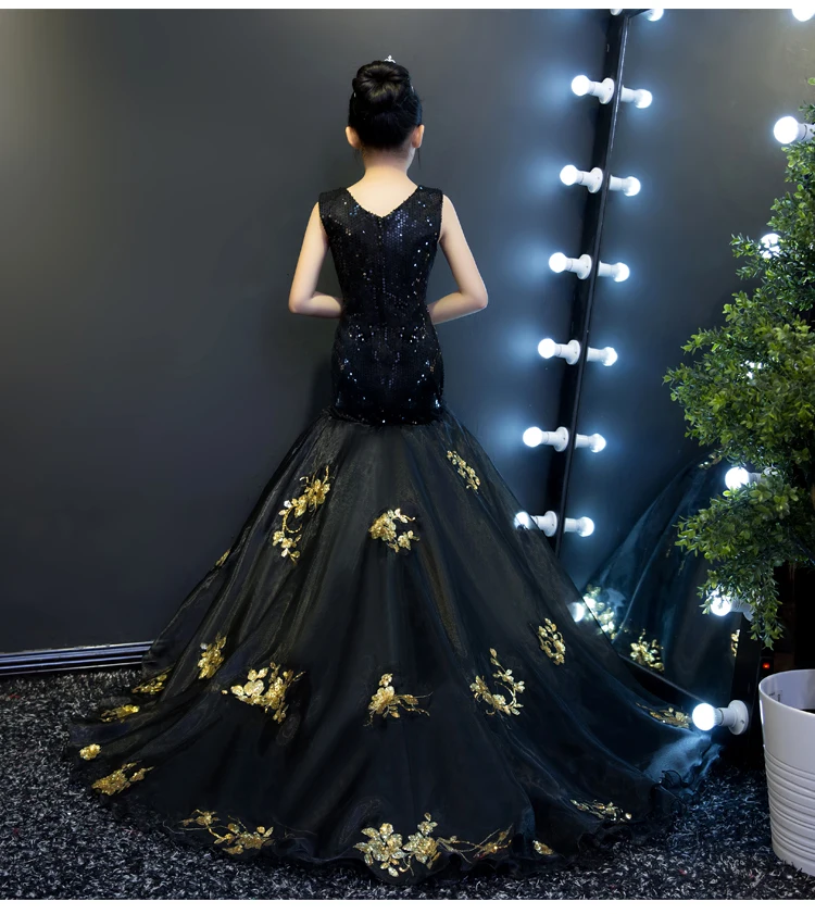 Vestidos de comunion2018 v-образным вырезом черного и золотого цвета блеск Сексуальная Русалка Платья для младенцев длинные красивые девушки бальный наряд изготовление под заказ