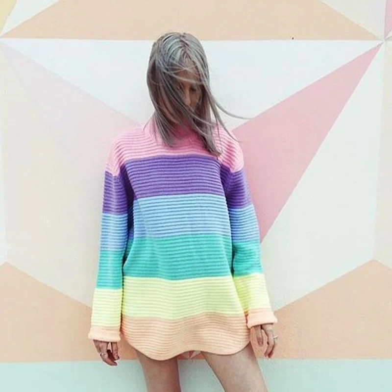 2017 Новый цветной свитер вязаный женский Свитер оверсайз в полоску для милых
