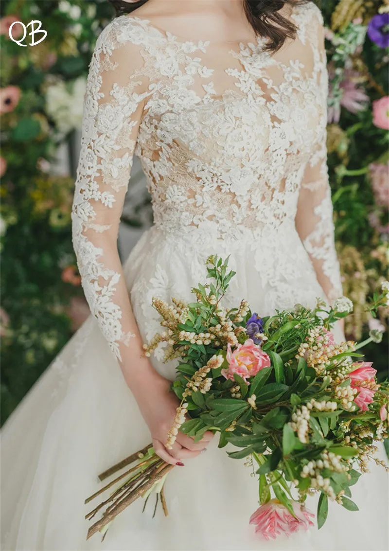 Custom Made A-line Backless Long Sleeve Tulle Lace Appliques Wedding Dresses Formal Simple Bridal Gowns DW10 | Свадьбы и торжества