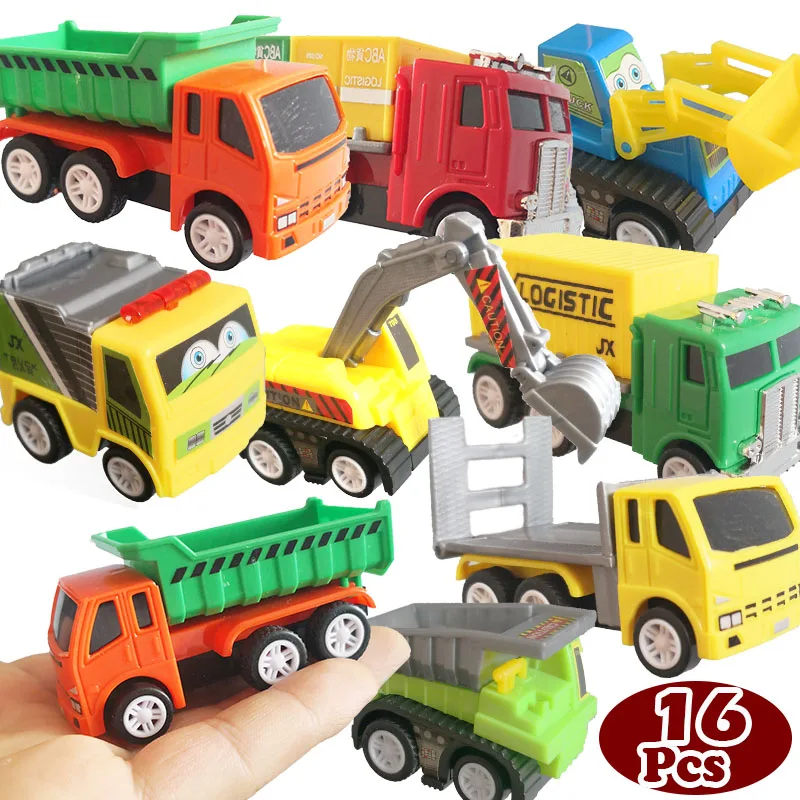 16Pcs Vehicles Assorted Construction Raced Car Model Toy Set Racing Trucks Tractors Excavators Pocket Toys for Boy Can Swing |