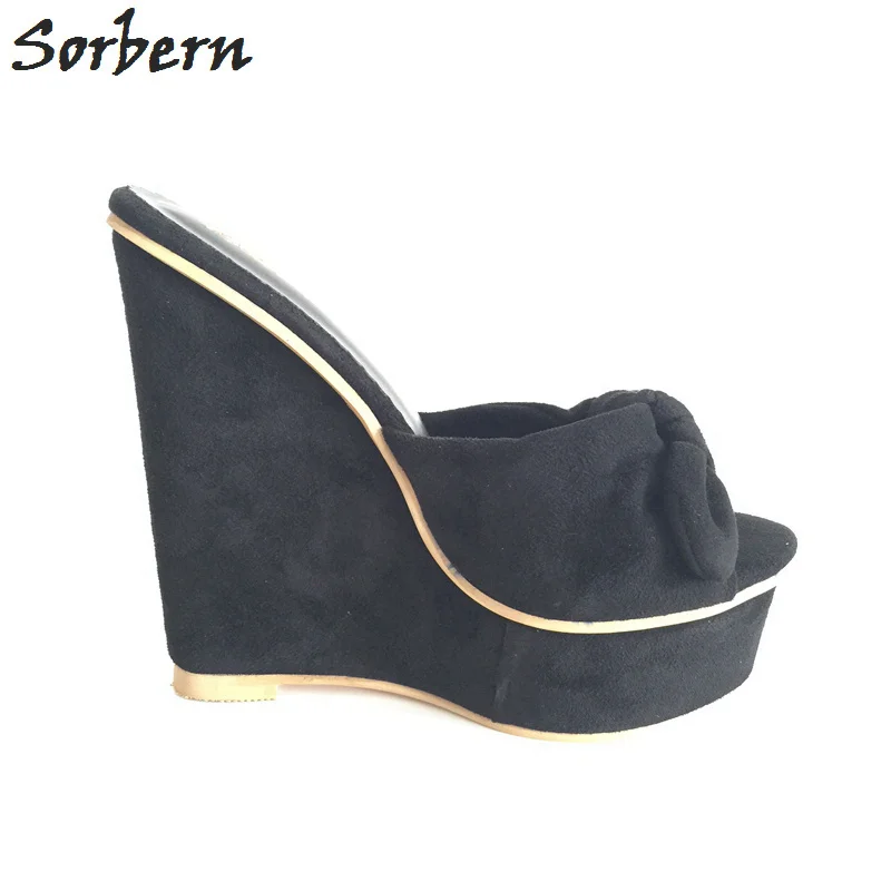 Женские шлепанцы на очень высоком каблуке 16 см черные платформе с бантом|black