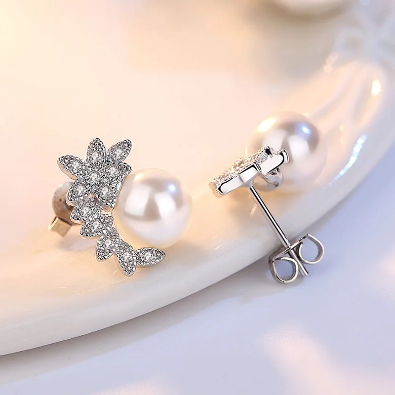 

Hot Sell Wholesale New Fashion Pearl Crystal Flower 925 Sterling Silver Stud Earrings for Women Jewelry Wedding Gift