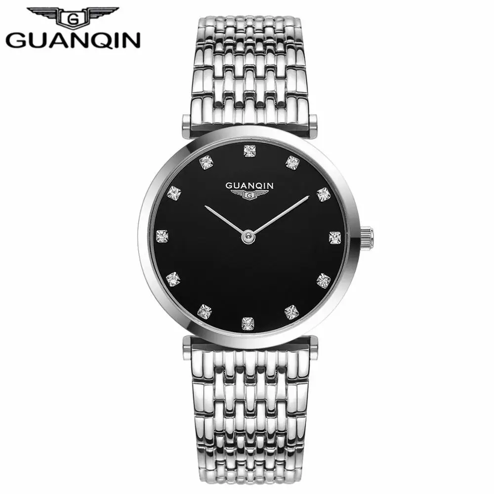 GUANQIN, женские часы, Роскошные, Топ бренд, часы, повседневные, модные, ультра тонкие, 6 мм, дизайн, золото, серебро, сталь, платье, кварцевые часы для девочек - Color: Black Diamond