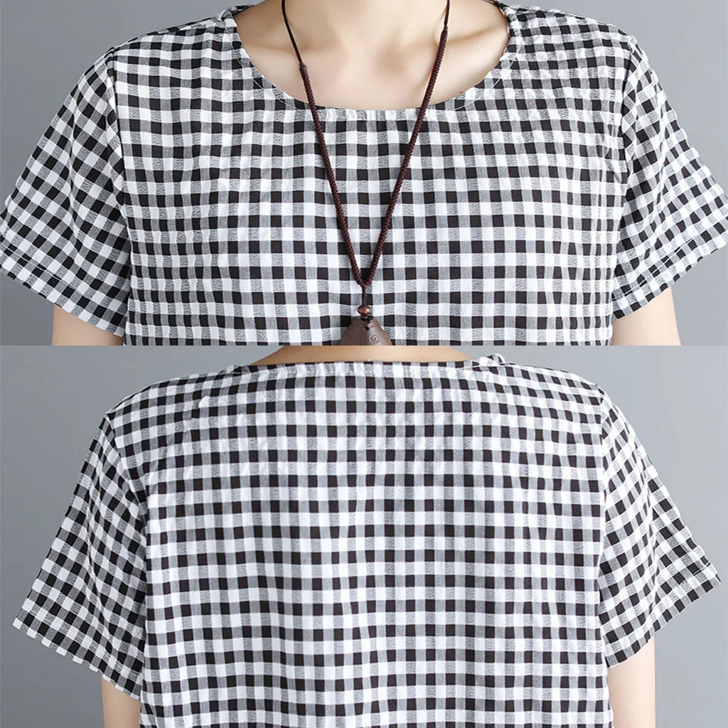 Женское клетчатое свободное платье с коротким рукавом женское повседневное