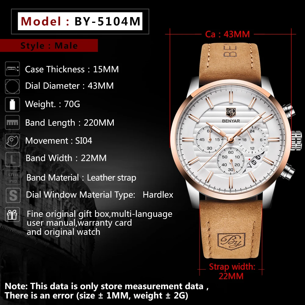 

2019 Top Brand BENYAR Men Watches Luxury Business Waterproof Sport Chronograph Quartz Brown Gold Male Clock Relogio Masculino