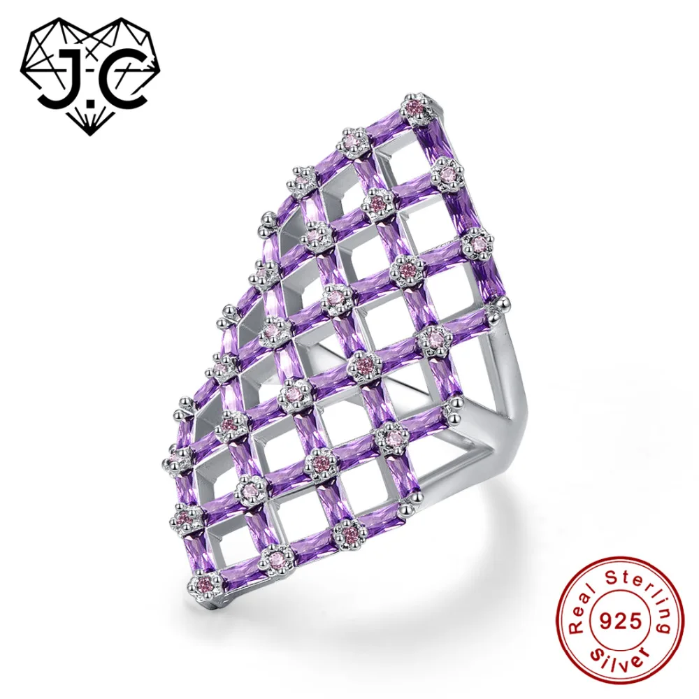 

J.C Hollow Square Design Emerald Cut Amethyst Pink & White Topaz Ruby Spinel 925 Sterling Silver Ring Size 6 7 8 9 Fine Jewelry