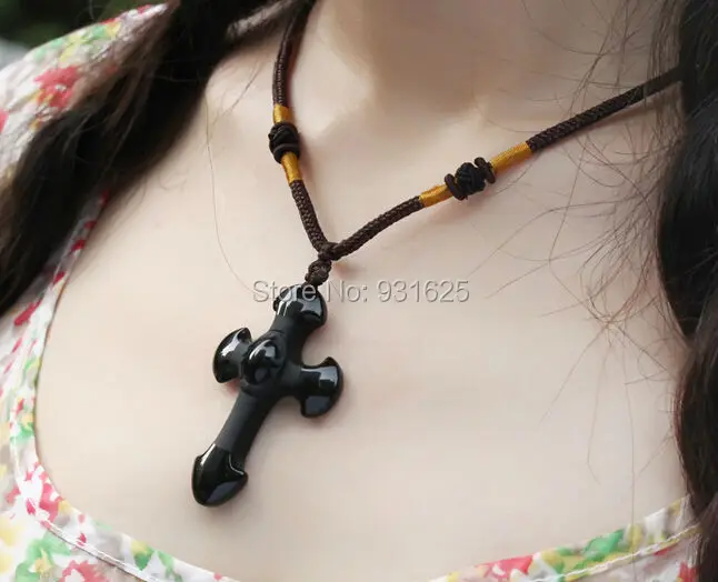 Прямая доставка натуральный черный обсидиан Резные Крест Lucky кулон Бесплатная