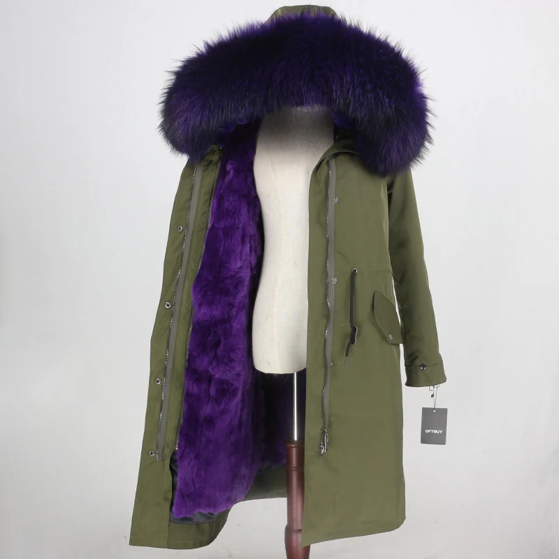 green purple OFTBUY водонепроницаемая верхняя одежда X-long Parka зимняя куртка женская шуба из натурального меха енота капюшон Подкладка из натурального кроличьего меха - Цвет: green purple