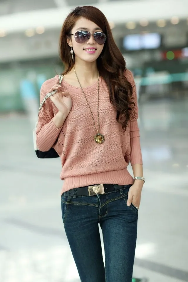 Женские свитера новые Весенние Вырез Свободный плюс верхняя одежда однотонный