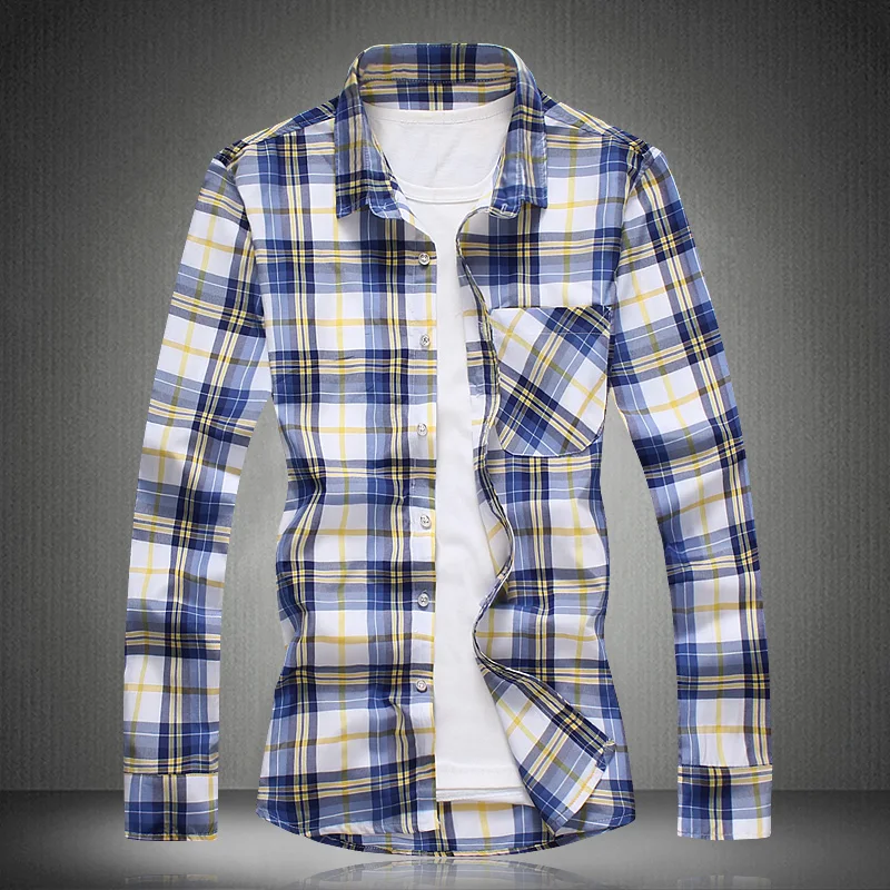 Рубашка мужская повседневная в клетку с длинным рукавом размеры до 7XL|casual shirts for