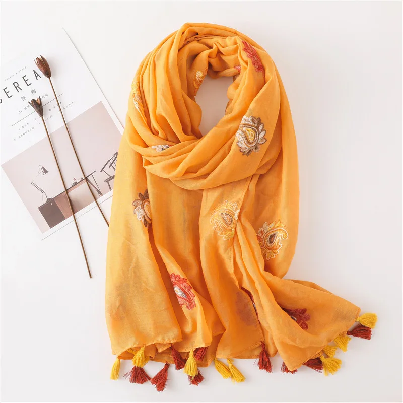 Yishine народный дизайн Оранжевый Элегантный рисунок кешью с кисточкой Hijabs женские