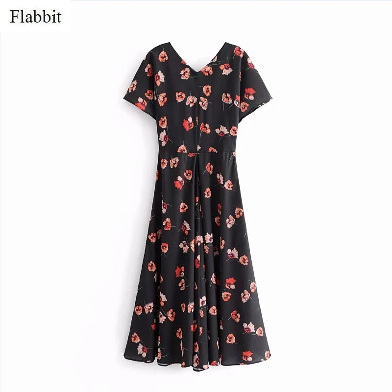Flabbit Женские винтажные v шеи с коротким рукавом цветочным принтом повседневные