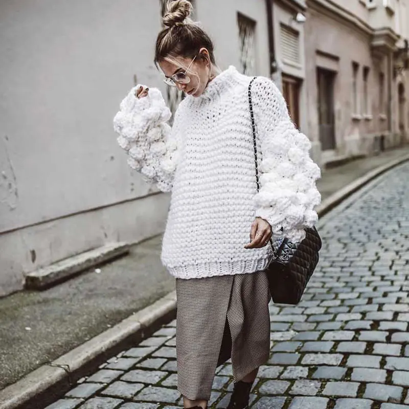 Chic Coarse Wool Hand Knit Womens Pullovers Sweaters Turtleneck Loose Oversized Streetwear Autumn Winter Chunky Sweater | Женская одежда