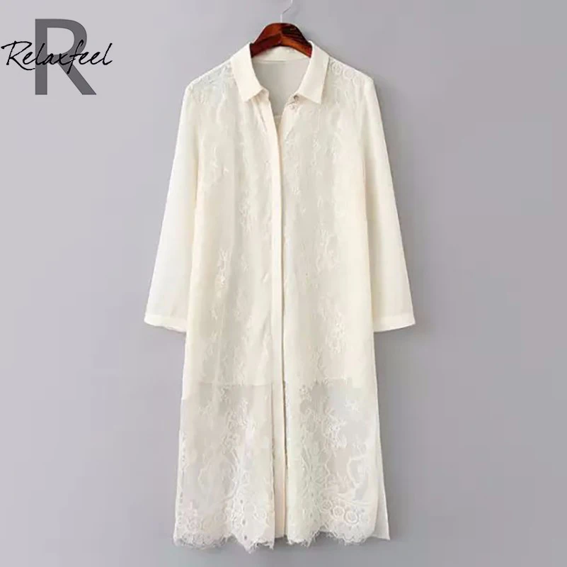 Relaxfeel женская Белый Нагрудные 3/4 Рукавом Кружева Хем Длинные Рубашки|long shirt|women