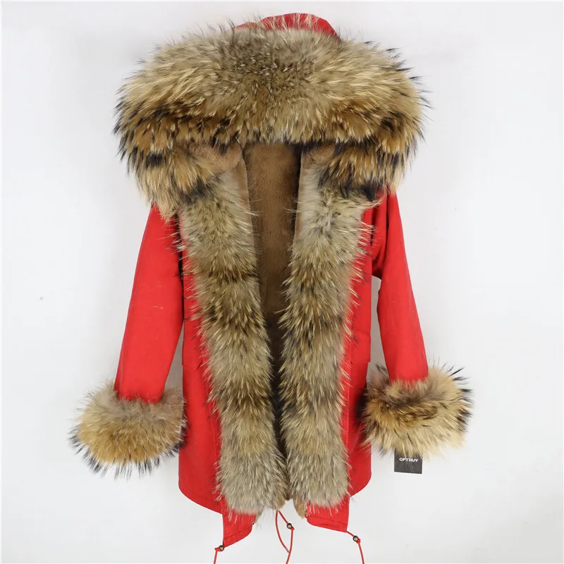 red natural Женская парка с натуральным лисьим мехом OFTBUY, бежевое пальто с отделкой из лисьего меха, свободная длинная парка, верхняя одежда со съемным мехом, зима - Цвет: red natural