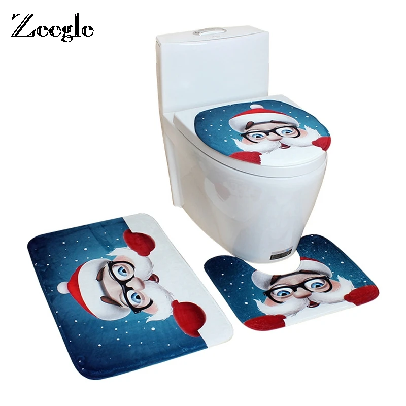 

Zeegle 3Pcs Bathroom Floor Pad Toilet Rug Bathroom Christmas Non-Slip Mat Lid Toilet Seat Cover Mat Set Home Decoration Bath Rug