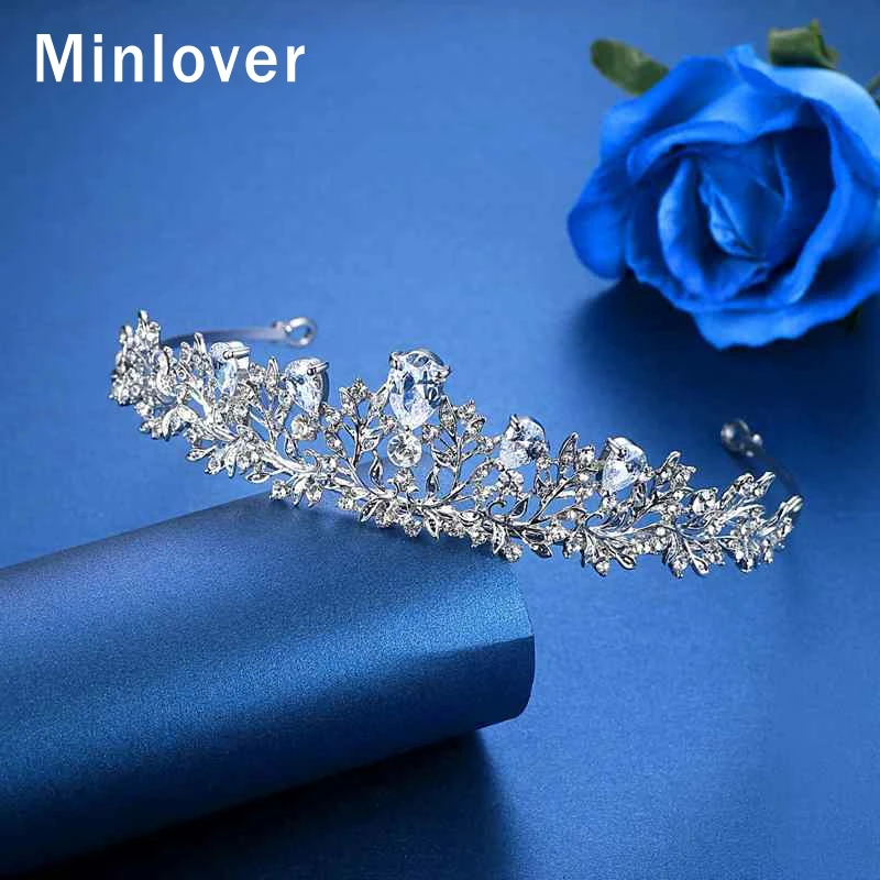 Minlover Роскошные CZ наборы свадебных ювелирных изделий в форме листа кристалл Свадебное Ожерелье Серьги Тиара наборы ювелирных изделий помолвка TL486+ HG126