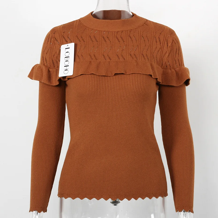 Рюшами Для женщин Свитеры для осень Мода 2018 г. Повседневное тонкий вязаный