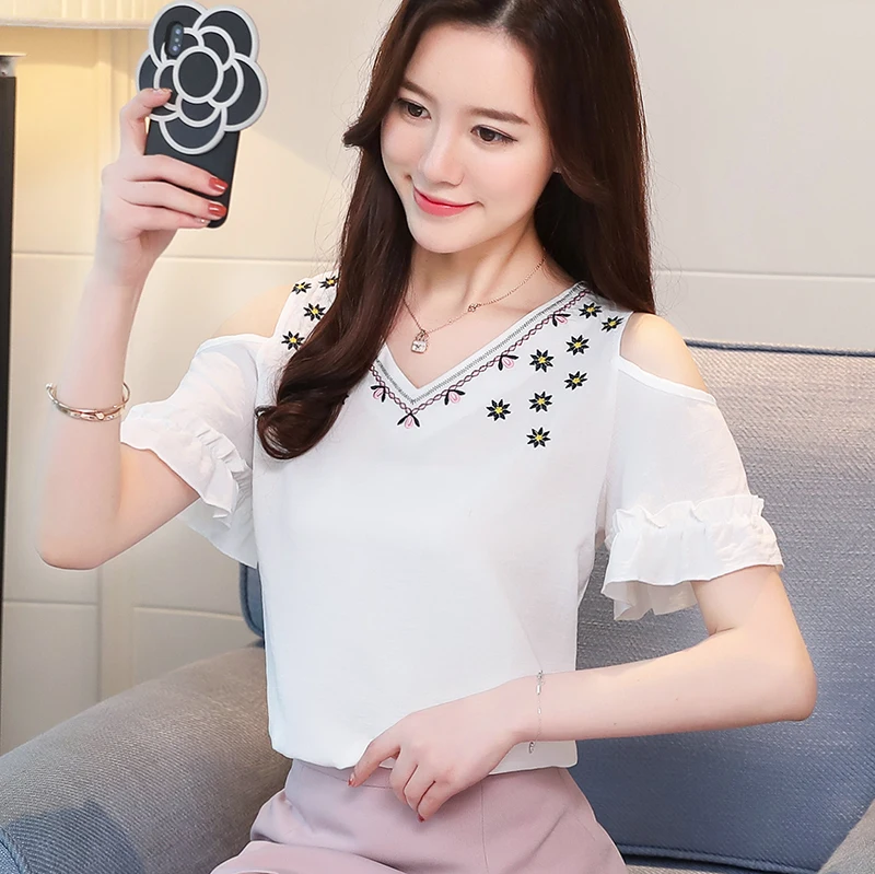 Женская блузка 2018 корейская топ мода шифоновая блуза с вышивкой однотонная