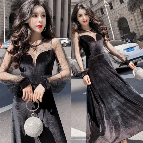 Лоскутное кружевное женское платье бархатное для женщин Ретро ТРАПЕЦИЕВИДНОЕ