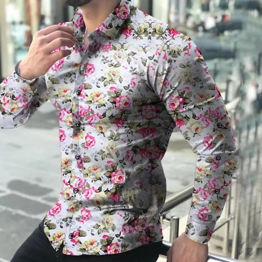 Мужская рубашка осень плюс размер Slim Fit рубашки мышцы с длинным рукавом цветочным принтом Мужская блузка Cothing Camisa Social Прямая C