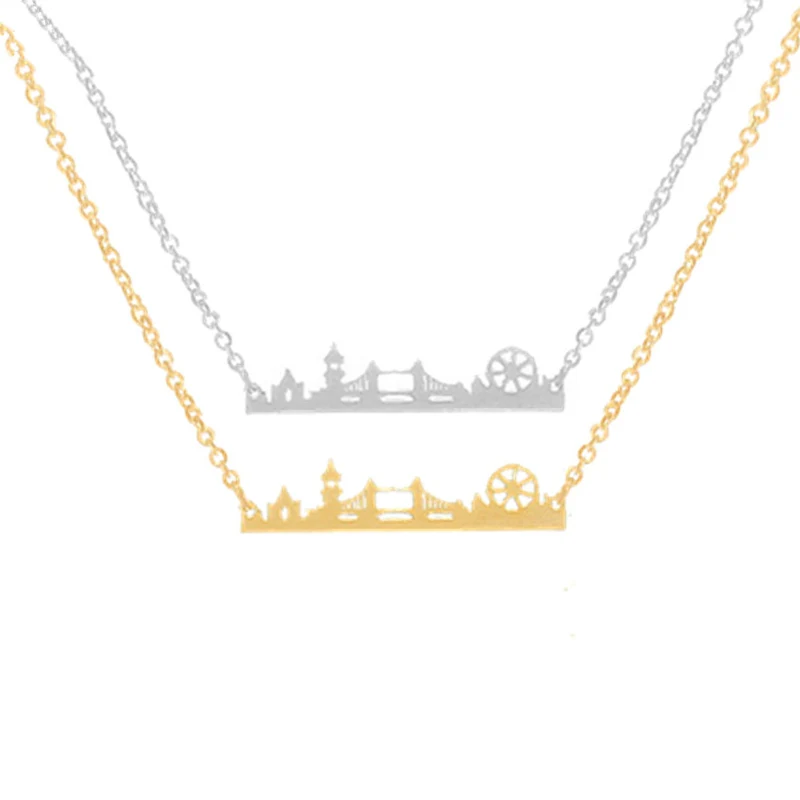 Vintage Sherlock Pendant London Skyline Necklace Stainless Steel Layer Link Chain Gold Color UK City State Ethnic Jewelry|ethnic jewelry|chain