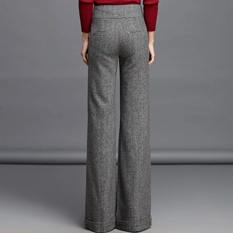 Autumn Women Straight Pants Office Lady Wide Leg Wool Trousers High Waist Woolen Flare Pants Capris Work Wear Casual Pants S-3XL
