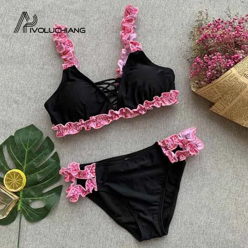 Женский купальник бикини сексуальный с оборками треугольный высокой талией