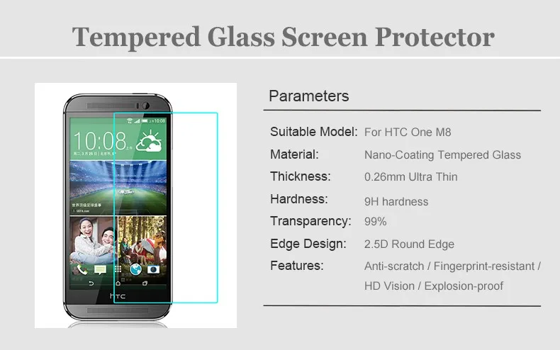 Для htc One M8 Dual Sim защита экрана из закаленного стекла 0,26 мм 9H Защитная пленка для M8i Eye M8Ew M8d M8s M8si M8t M8x