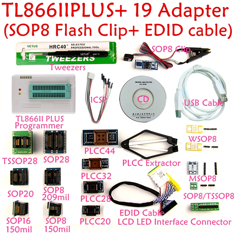 V9.00 TL866II плюс универсальный Minipro программатор с адаптерами+ тестовый зажим TL866 PIC биос высокоскоростной программатор - Цвет: Зеленый