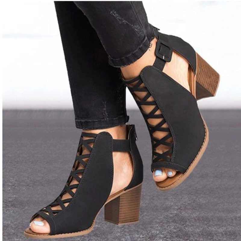 HEE GRAND Sandals Women Thick Heel Pumps 2019 Sexy Style Peep Toe Heels Flock Leather Spring Shoes Zipper WXG564 | Обувь