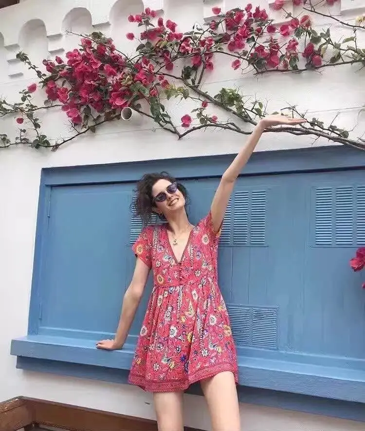 2017 Для женщин красный глубокий v образным вырезом короткий рукав с цветочным