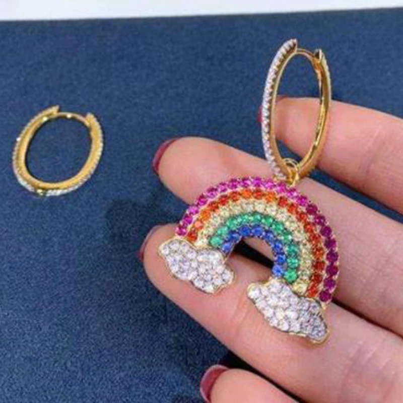 

New Arrival Colorful Rainbow Cloud Cuff Earring Pure 925 Sterling Silver Zircon Charm Asymmetry Monaco Earring Wedding Jewelry