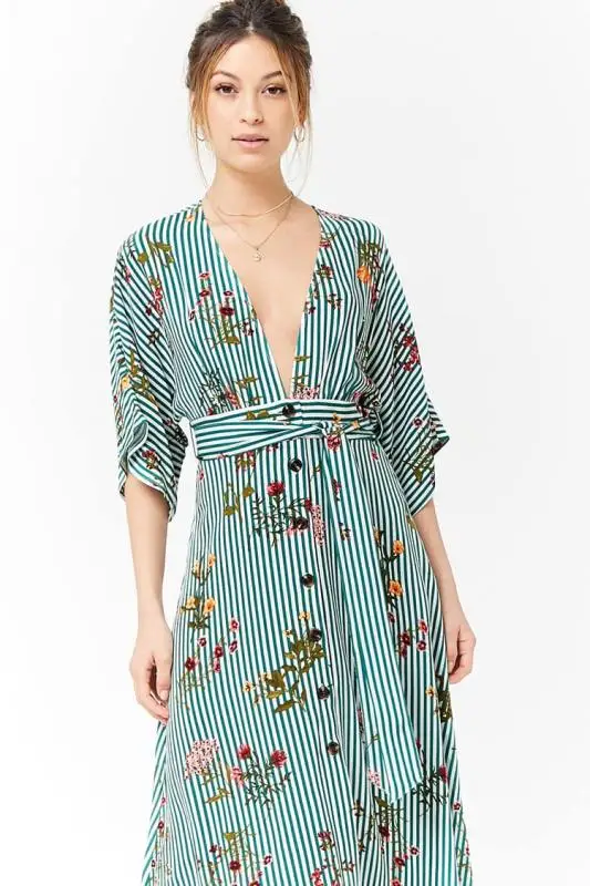 Зеленый полосатый принт праздничное платье Для женщин глубоким v-образным