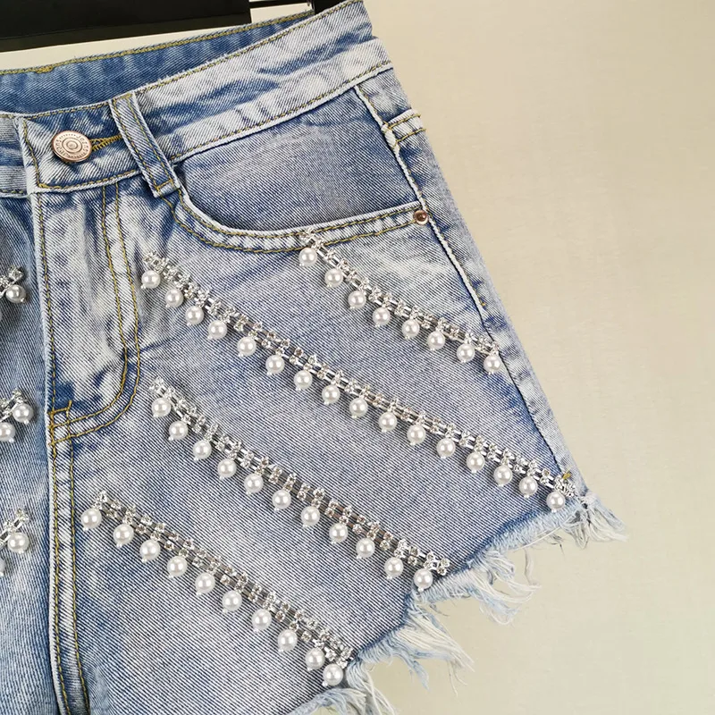 

2019 summer new loose wide leg hot short heavy work rhinestone beaded high waist thin denim shorts female H310