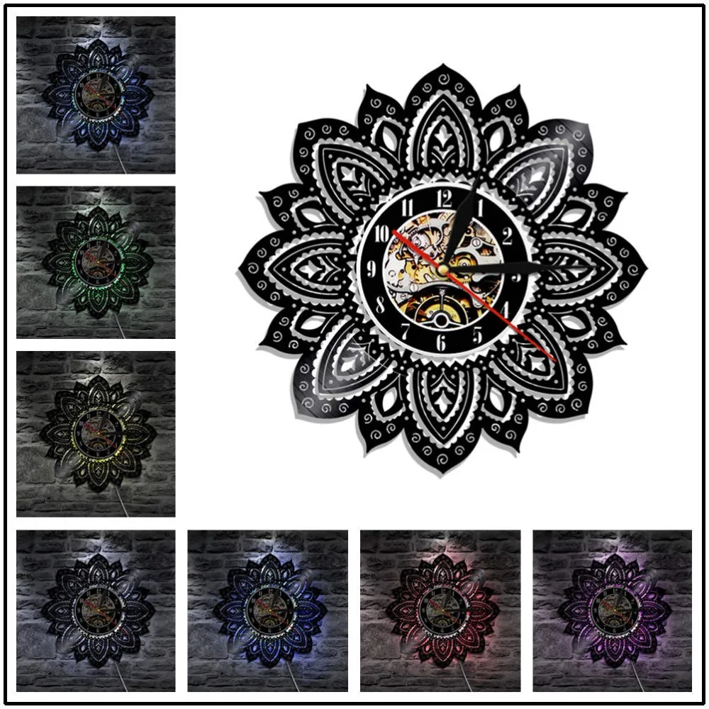1 шт. Мандала в форме лотоса современный дизайн силуэт цветок Виниловая пластинка настенные часы домашние декоративные настенные часы искусство