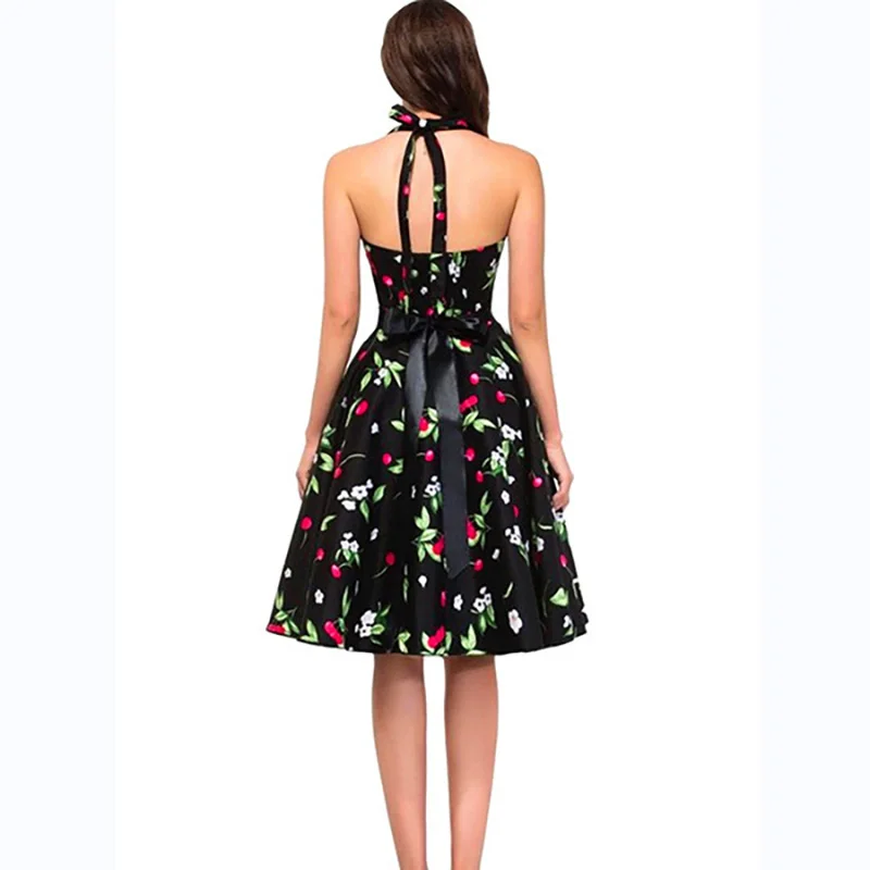 Женское летнее платье с лямкой на шее 2017 большой размер Одри Хепберн цветочный