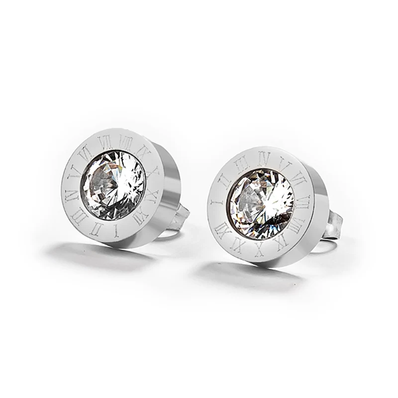 Silver Корейские простые массивные серьги из нержавеющей стали, серьги-гвоздики для женщин, винтажные римские цифры, кристалл, маленькие серьги, ювелирные изделия - Окраска металла: Silver