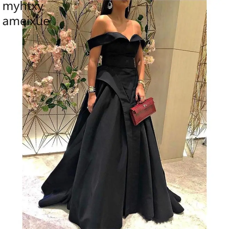 

Черные вечерние платья больших размеров, платья для выпускного вечера с открытыми плечами, v-образный вырез, без рукавов, длина до пола, Прос...